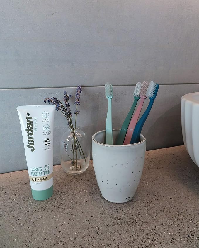 Jordan | Green Clean Sustainable Toothbrush | Award Winning Eco-Friendly Scandinavian Design | Soft Bristle Adult Toothbrush x 4 Units + Baby