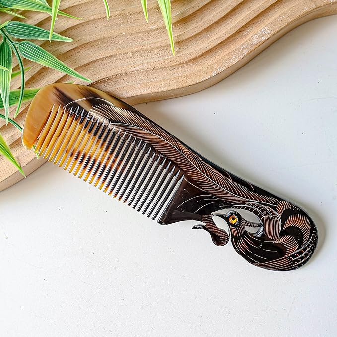 Symbol of Virtue and Grace, Natural Buffalo Horn Comb, Bone Ox Horn Anti Static for Hair, Horn Combs for Women Christmas's Gift (Phoenix)