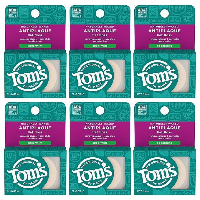 Tom's of Maine Naturally Waxed Antiplaque Flat Dental Floss, Spearmint, 32 Yards 6-Pack (Packaging May Vary)