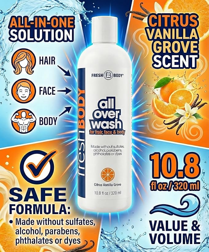 Fresh Body FB All Over Wash for Hair, Face & Body - Shampoo and Body Wash for Men & Women, Citrus Vanilla Grove Shower Gel, 10.8oz (2 Pack) Made without Alcohol, Sulfates, Dyes or Parabens