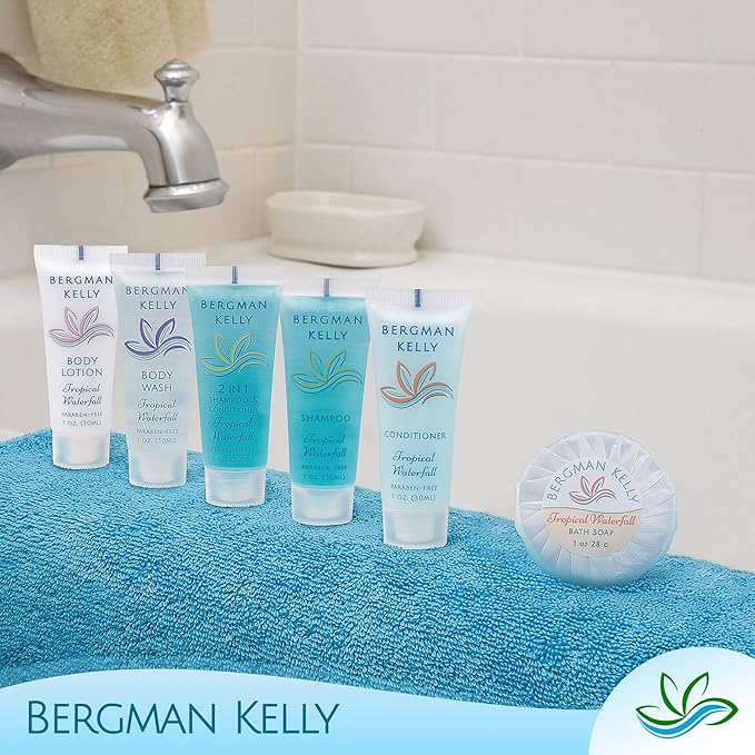 BERGMAN KELLY - Travel Size Hotel Shampoo - 1 fl oz, 100 PK, Tropical Waterfall - Delight Your Guests with Revitalizing & Refreshing Hair Cleanser for Guest Hospitality - Bulk Small Size Shampoo