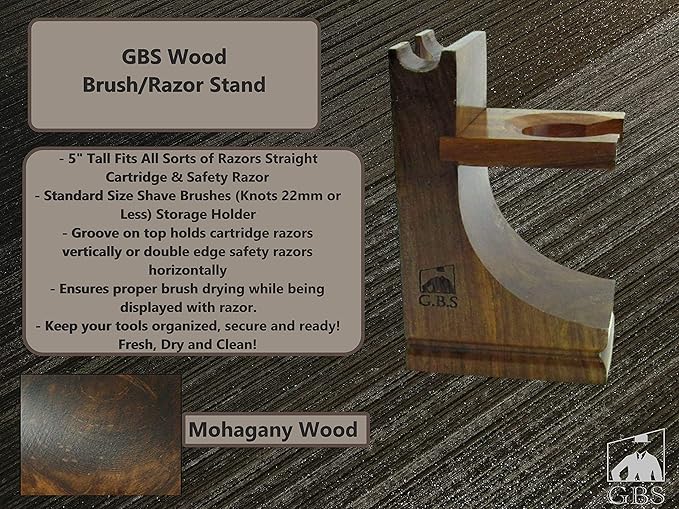 G.B.S Deluxe Wooden Shaving Razor and Shave Brush Stand - Safety Razor Brush Holder. Prolong The Life of Your Shaving Brush and Razor, Walnut Wood Finish
