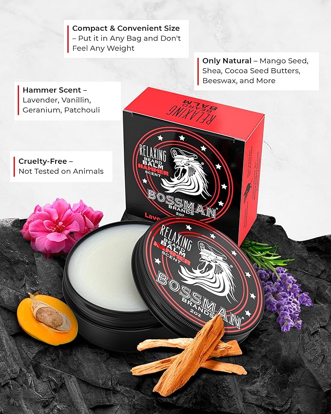 Bossman Relaxing Beard Balm - Beard Tamer, Relaxer, Thickener and Softener Cream - Made in USA (Hammer Scent)