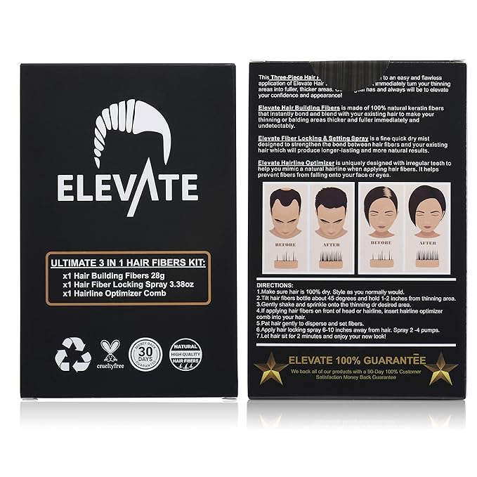 Elevate Hair Building Fibers 3-in-1 Kit for Thinning Hair (Dark Brown) Keratin Hair Thickening Powder with Fiber Lock Spray & Hairline Optimizer Comb - Instant Concealer Applicator for Men & Women
