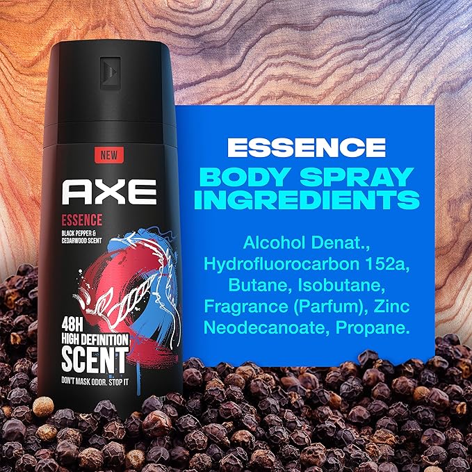 AXE Dual Action Body Spray Deodorant for Long Lasting Odor Protection Essence Black Pepper & Cedarwood Mens Deodorant Formulated Without Aluminum 4.0 oz, Twin Pack