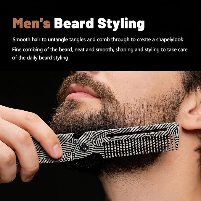 Metal Hair & Beard & Mustache Comb, Multifunctional Folding EDC Pocket Beard Comb With Bottle Opener - Anti-Static for Travel and Everyday Grooming Styling