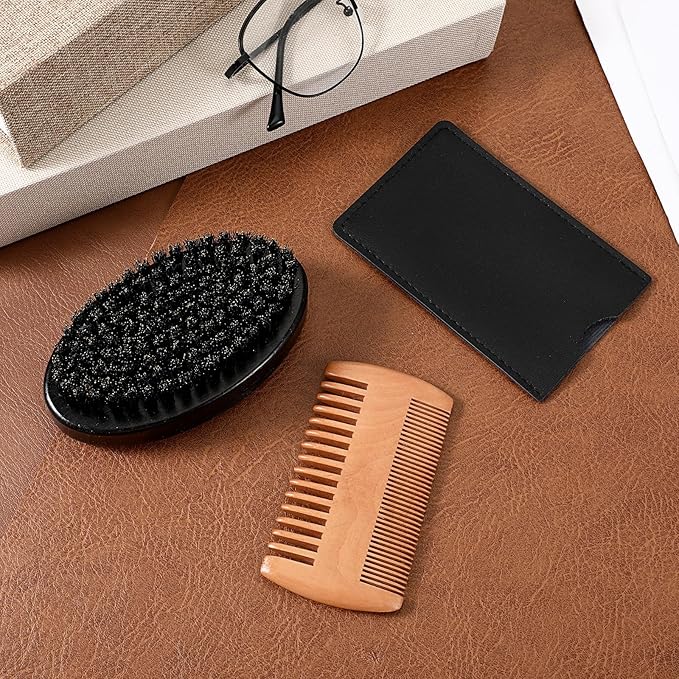Boar Bristle Beard Brush for Men, Beard Comb Dual-Sided Wood Comb Mustache Shaving Brush Beards Grooming Tools with Travel Pouch