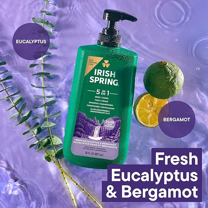 Irish Spring 5 in 1 Moisturizing Body Wash for Men, Shampoo, Conditioner, Body and Face Wash, and 24 Hour Deodorizer, Paraben-Free, Fresh Eucalyptus & Bergamot Scent, 20 fl oz