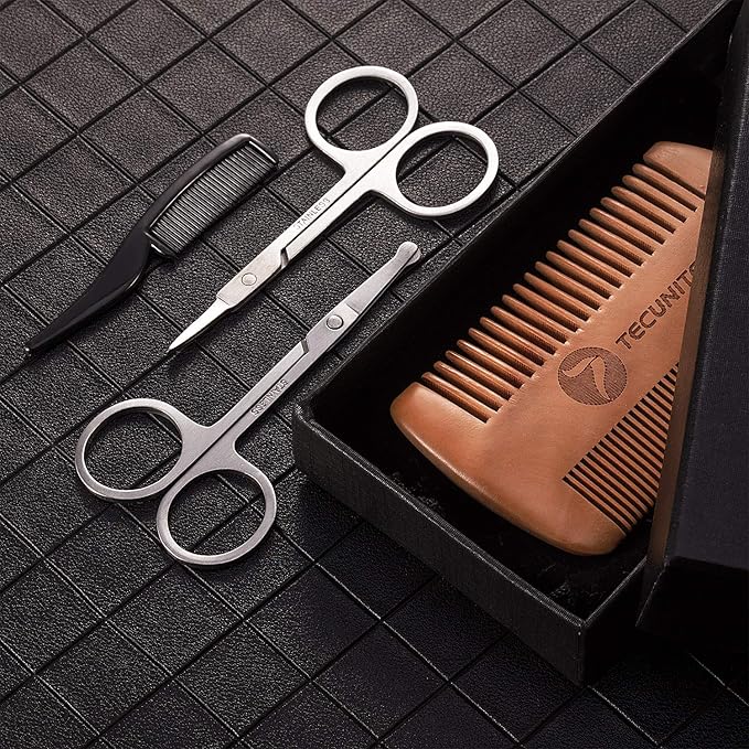 TecUnite 4 Pieces Mustache Scissors Grooming Kit for Men, Beard Trimmer Set, 2 Small Combs and 2 Scissors Beard Trimming Kit with Storage Bag Box