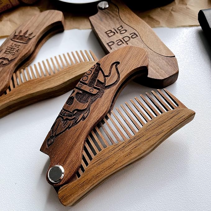 Beard Comb for Men Pocket Folding Combs for Mustache & Hair Travel Natural Wooden Comb with Real Man Engraving - Perfect for Use w/Beard Balm Oil (Wavy Half Skull) (Model WV)