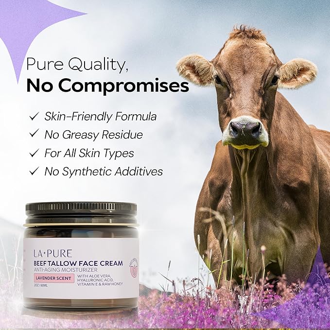 LA PURE Beef Tallow for Skin, Grass-Fed Tallow Face Cream with Organic Aloe Vera, Vegan Hyaluronate to Hydrate, Soothe Redness & Calm Sensitive Skin, Non-Greasy Moisturizer, Lavender Scent, 2oz