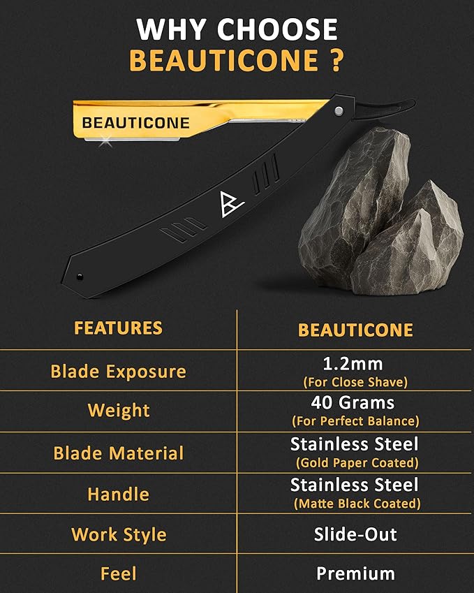 BEAUTICONE Straight Razors for Men, Straight Edge Razor, 100 Single Edge Blades, Stainless Steel, Barber Razor for Men's Shaving, Barber Shaving Knife, Slide-Out