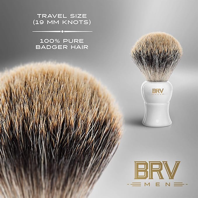 BRV MEN Pure Badger Shaving Brush (19mm knots) - Heavy Resin Handle - Use with Double-Edge Safety Razor, Straight Razor and Shaving Bowl (White)