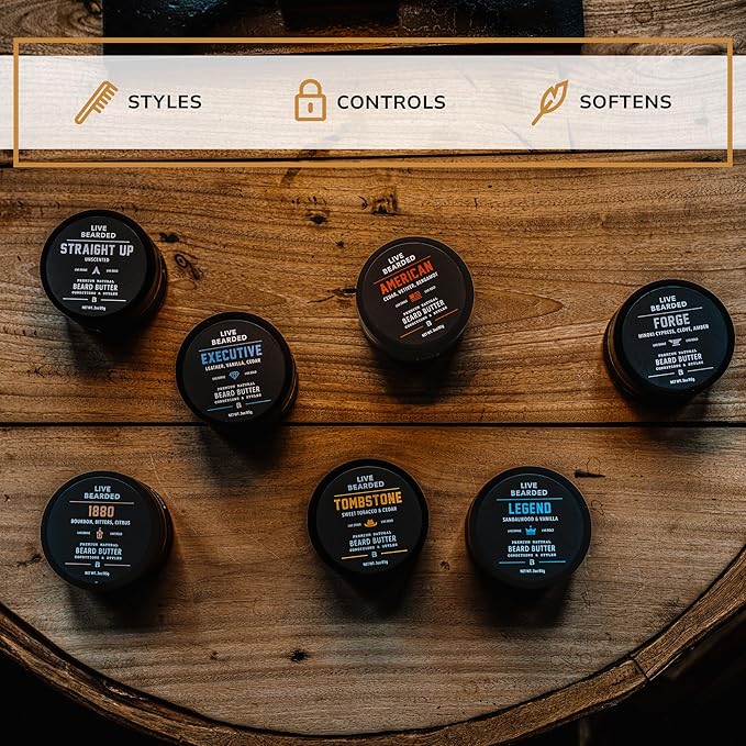 Live Bearded Beard Butter, 3 fl oz - Made in the USA - All-Natural Leave-in Conditioner and Softener with Shea | Tombstone Scent - Sweet Tobacco, Cedar