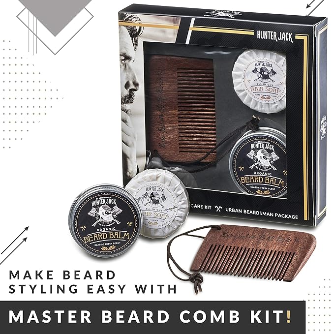 Hunter Jack Beard Kit for Men - Sandalwood Beard Comb, Beard Soap, and Beard Balm - Fine Tooth Mustache Comb - Mens Beard Kit for Care and Grooming in Premium Gift Box