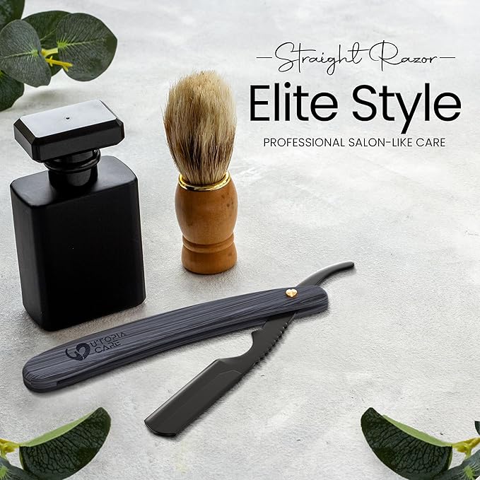 Utopia Care Straight Razors For Men, Professional Barber Straight Edge Razor with 100 Single Edge Blades, Stainless Steel, Beard Shaving Kit For Men, Premium Smooth Natural Wooden Grip, Black