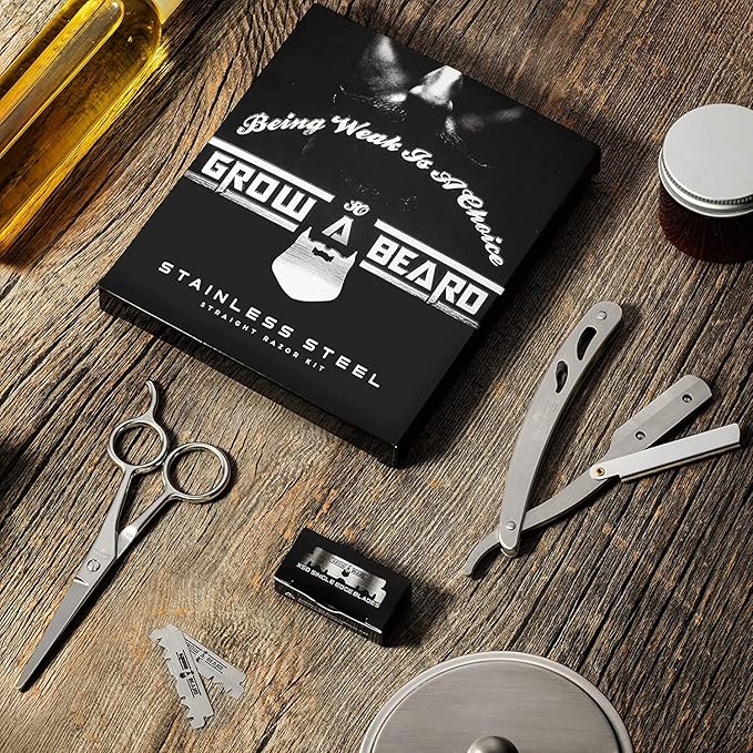 Straight Razor, Complete Straight Razors for Men Kit with 50 Single Blade Razors for Men and Scissors, Barber Supplies, Straight Edge Razor, Professional Barber Razor Blade (Silver)