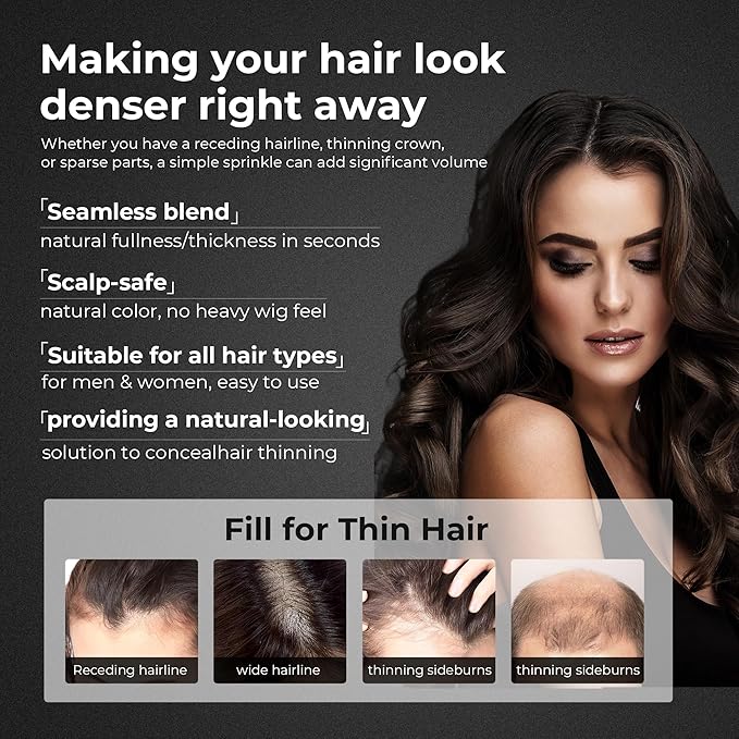 Hair Fibers for Thinning Hair,Hair Building Fibers Instantly Thicker & Fuller Look,Conceals Hair Loss Fill In Fine Hair Powder for Women and Men(30g/1.05oz) (Black)
