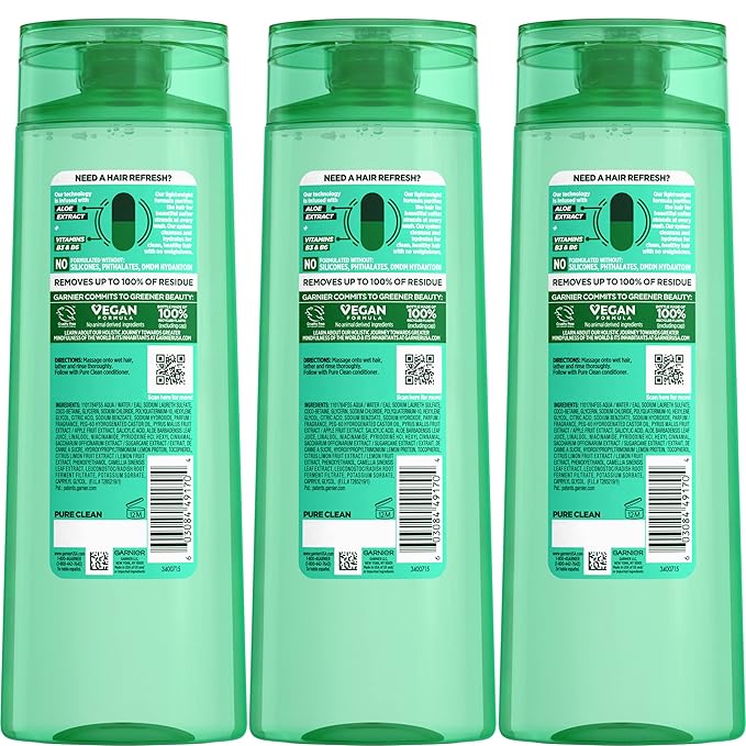 Garnier Fructis Pure Clean Purifying Shampoo, Silicone-Free, 12.5 Fl Oz, 3 Count (Packaging May Vary)