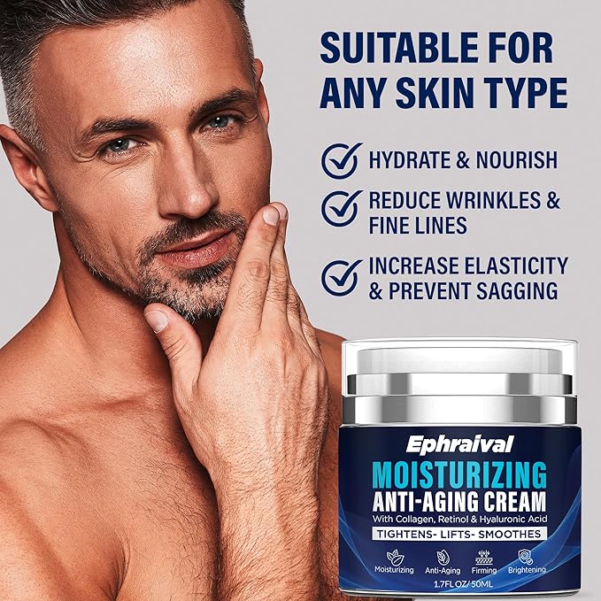 Retinol Anti-Aging Cream for Men: Moisturizing Face Cream with Hyaluronic Acid Vitamin E Peptides - Reduces Wrinkles Firms Skin Lightweight Formula 1.7 fl oz