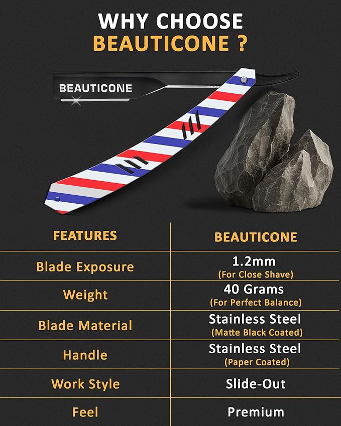 BEAUTICONE Straight Razors for Men, Straight Edge Razor, 100 Single Edge Blades, Stainless Steel, Barber Razor for Men's Shaving, Barber Shaving Knife, Slide-Out
