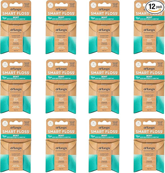 drTung's Smart Floss Mint for Teeth - Natural Expanding Dental Floss, Gentle on Tooth & Gums, Expands & Glides, PTFE & PFAS Free, Certified Organic Mint Essential Oils - Pack of 12