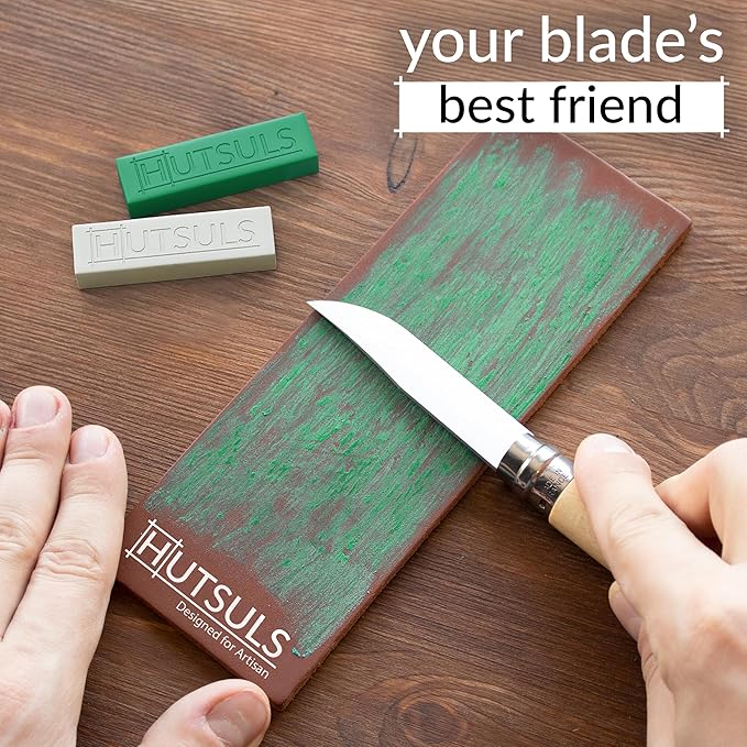 Hutsuls Knife Stropping Leather for Sharpening - Get Razor-Sharp Edges with Leather Strop for Knife Sharpening Easy to Use Leather Sharpening Strop with Green & White Strop Compound Step-by-Step Guide