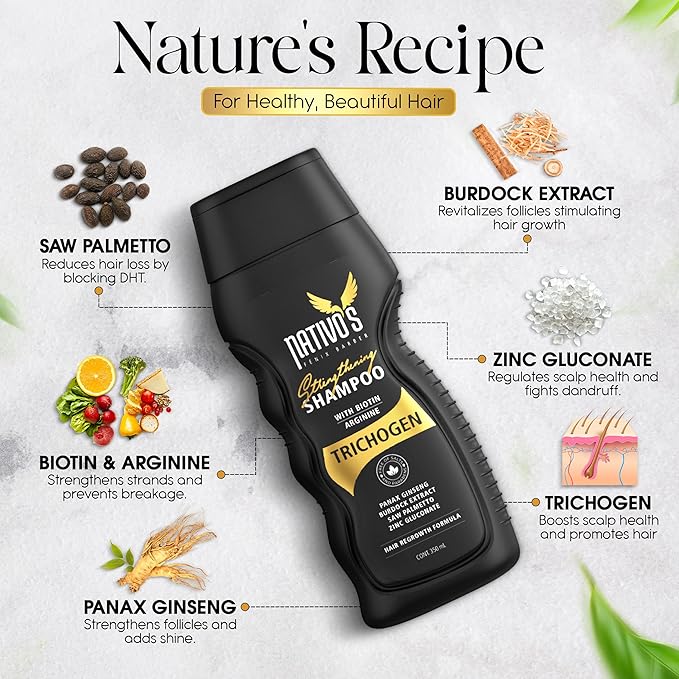 Nativo's Strengthening Shampoo for Thinning Hair – Biotin, Trichogen, Saw Palmetto and Zinc Formula – Volumizing and Thickening for Men and Women, 350 ml
