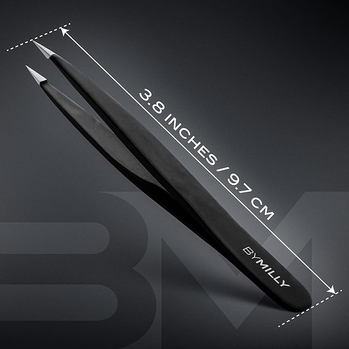 Pointed Tweezers | High Carbon Stainless Steel Needle Nose | Fine Point Precision Hair Removal | Perfectly Aligned & Hand-Filed Sharp | Black