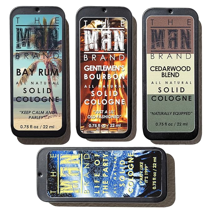 Solid Cologne Set with Bay Rum Solid Cologne, Bourbon Solid Cologne, Woodsman, and Life of the Party Solid Cologne - (Wolfpack Solid Cologne Sampler - 4 Pack - 0.75 oz each)