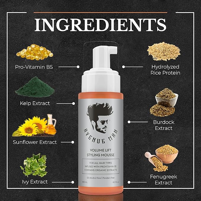 Avenue Man Volume Lift Mousse - 5.07 oz Hair Foam with Argan Oil, Silk Protein & Vitamin E for Strength, Thickness & Control - Hair Mousse for Men for All Hair Types - Alcohol & Paraben Free