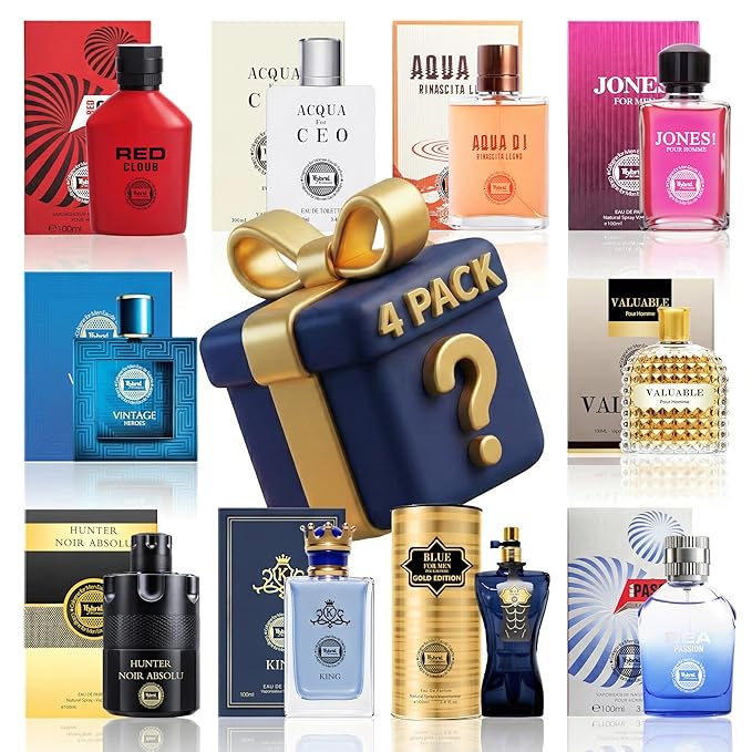Hybrid & Company Men's Cologne Mystery Box 4Pcs, Surprise Blind Box Random Scent, Extended Wear Fragrance Eau de Parfum Cologne Gift Set for Men, 3.4 Fl Oz Each