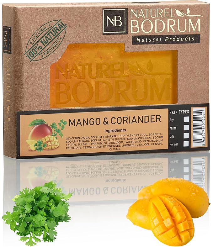 Mango and Coriander Organic Soap Bar for Women and Men - Glycerin Soap Bar, UV-Repair & Acne-Control Bar Soap with Beta-Carotene & Vitamin E - Natural & Vegan Spa Gift, for All Skin Types