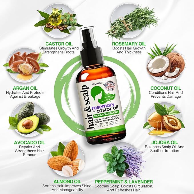 Organic Rosemary Oil For Hair Growth + Applicator with Castor, Argan, Coconut, Almond, Jojoba, Avocado, Vitamin E & Peppermint for Hair & Scalp Treatment, All Hair Types, Men & Women 2oz