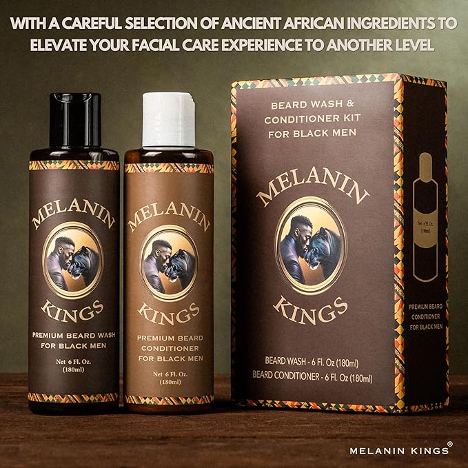 Melanin Kings Beard Wash & Conditioner Set for Black Men – Gently Cleanse, Hydrate & Soften Coarse, Dry and Curly Beards – African Oil Blend with Baobab, Marula, Argan & Jojoba