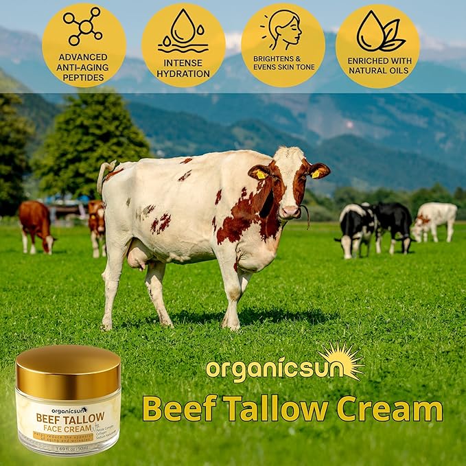 Beef Tallow Face Cream - 100% Grass Fed Anti Aging Moisturizer with Copper Peptides, Honey & Collagen for Wrinkles & Firming