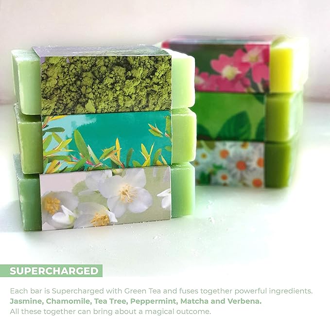 O NATURALS 100% Natural Bar Soap - Gift Set - Organic Ingredients & Essential Oils - Spa Gifts for Women & Men, Body Wash & Face Soap - 6PC Green Tea Soap Collection