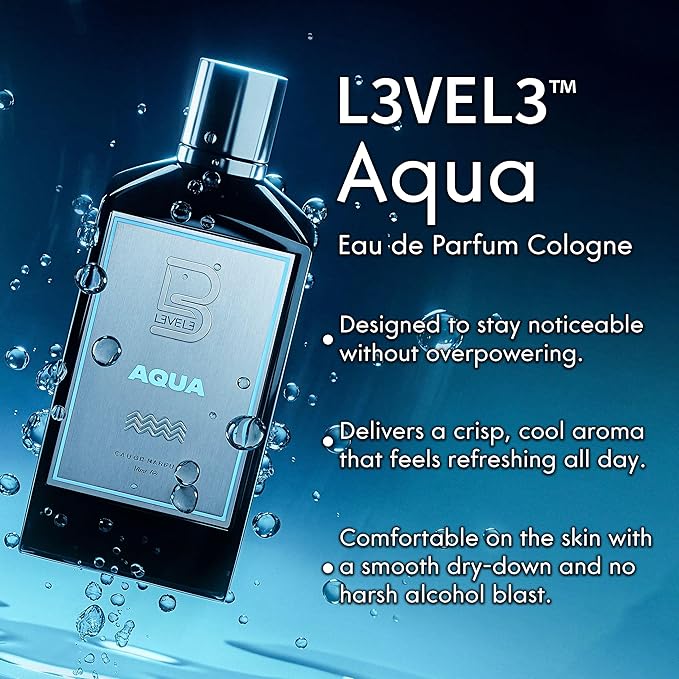 L3 Level 3 Eau de Parfum Cologne for Men - Long Lasting EDP - Mint, Lavender, Amberwood Notes - 3.38 fl oz (Aqua)