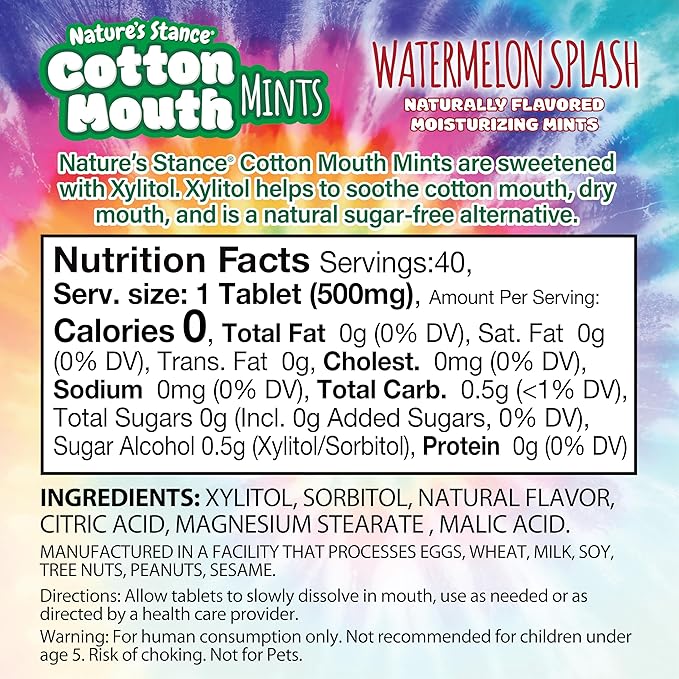 Nature’s Stance Cotton Mouth Xylitol Mints for Dry Mouth Relief - Sugar Free Mints, Stimulate Saliva & Freshen Breath, Throat, Teeth, Gums - Xylitol Lozenges, 40 Count (Watermelon)