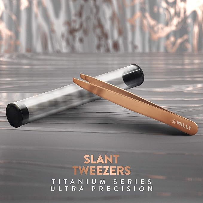 Professional Slanted Tweezers for Women and Men | High Carbon Stainless Steel Sharp Tweezer | Tweezers for Women Facial Hair Plucking, Hand-Filed & Aligned Precision Tips - Rose Gold
