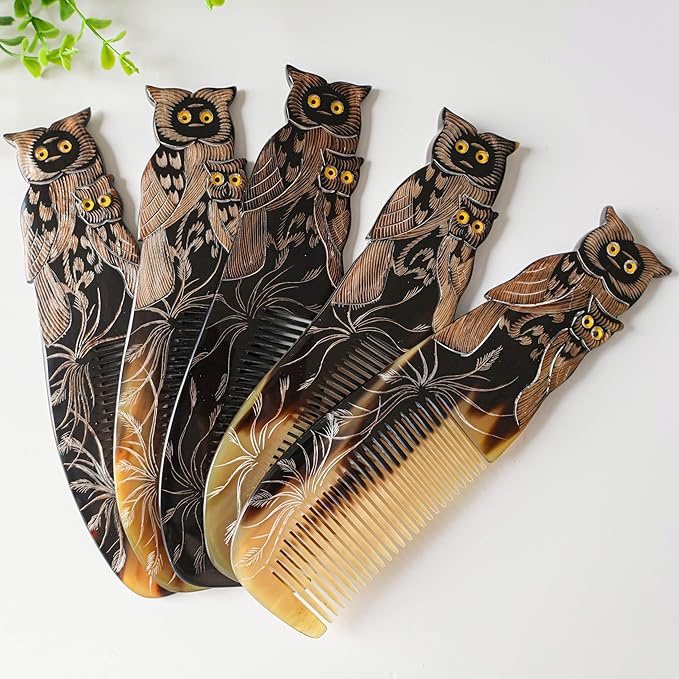 Symbol of LUCK & Knowledge, Natural Buffalo Horn Comb, Ox Horn Comb Anti-Static, Luxury Double Pigeon, Buffalo Horn Hair Comb for Anti Static Massage (Owl)