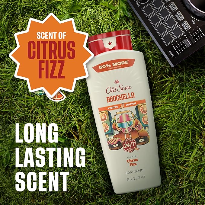 Old Spice Body Wash for Men, Summerdudes, 24/7 Shower Fresh with Daily Use, Long Lasting Scent, Cleanse & Refresh Skin, VIP Festival Experience, Brochella with Citrus Fizz Scent, 24 oz