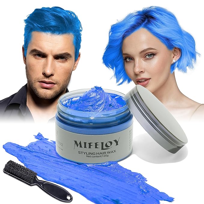 Temporary Blue Hair Color Wax with Dye Brush, Instant Natural Hairstyle Cream 4.23 oz, Disposable Coloring Mud for Men Women Youth, Washable Styling Pomades, Party Cosplay DIY Halloween