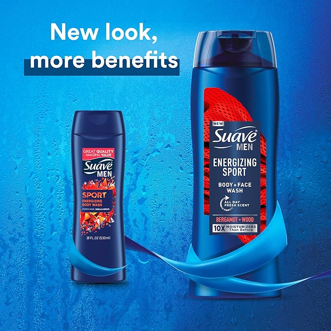 Suave Men Body Wash Variety 2-Pack – Refreshing Body + Face Wash, Cedarwood & Mandarin + Energizing Sport Body + Face Wash, Bergamot & Wood, 18 Oz Ea