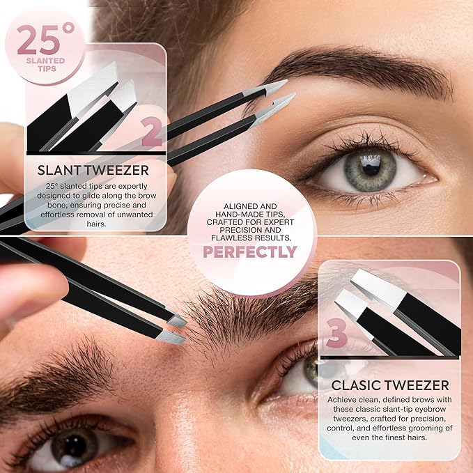 MARKHOR® Black Majesty Eyebrow Tweezers for Women Facial Hair, Splinter and Ingrown Hair Removal Tweezers Set, Professional Pointed and Slant Tweezers for Eyebrows, Precision Tweezers for Eyebrows