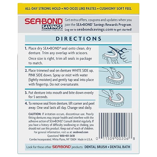 Sea Bond Secure Denture Adhesive Seals, Original Lowers, Zinc-Free, All-Day-Hold, Mess-Free, 30 Count (Pack of 2)