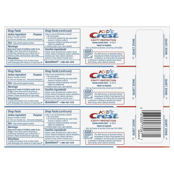 Crest Kid's Cavity Protection Toothpaste, Crest Kids Toothpaste, For Children And Toddlers 2+, Sparkle Fun, 4.6 Oz (Pack of 3), Toothpaste For Kids, Packaging may vary