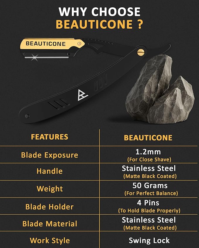 BEAUTICONE Straight Razors for Men, Straight Edge Razor, 100 Single Edge Blades, Stainless Steel, Barber Razor for Men's Shaving, Barber Shaving Knife, Swinglock