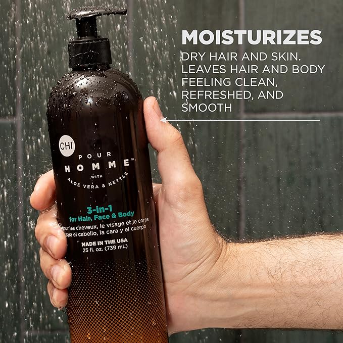 CHI pour Homme 3-in-1 Cleansing & Moisturizing Hair, Face & Body Wash for Men, Made With Aloe Vera & Nettle, Fresh, Woody Scent, Sulfate-Free, 25 oz