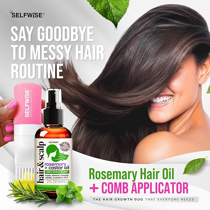 Organic Rosemary Oil For Hair Growth + Applicator with Castor, Argan, Coconut, Almond, Jojoba, Avocado, Vitamin E & Peppermint for Hair & Scalp Treatment, All Hair Types, Men & Women 2oz